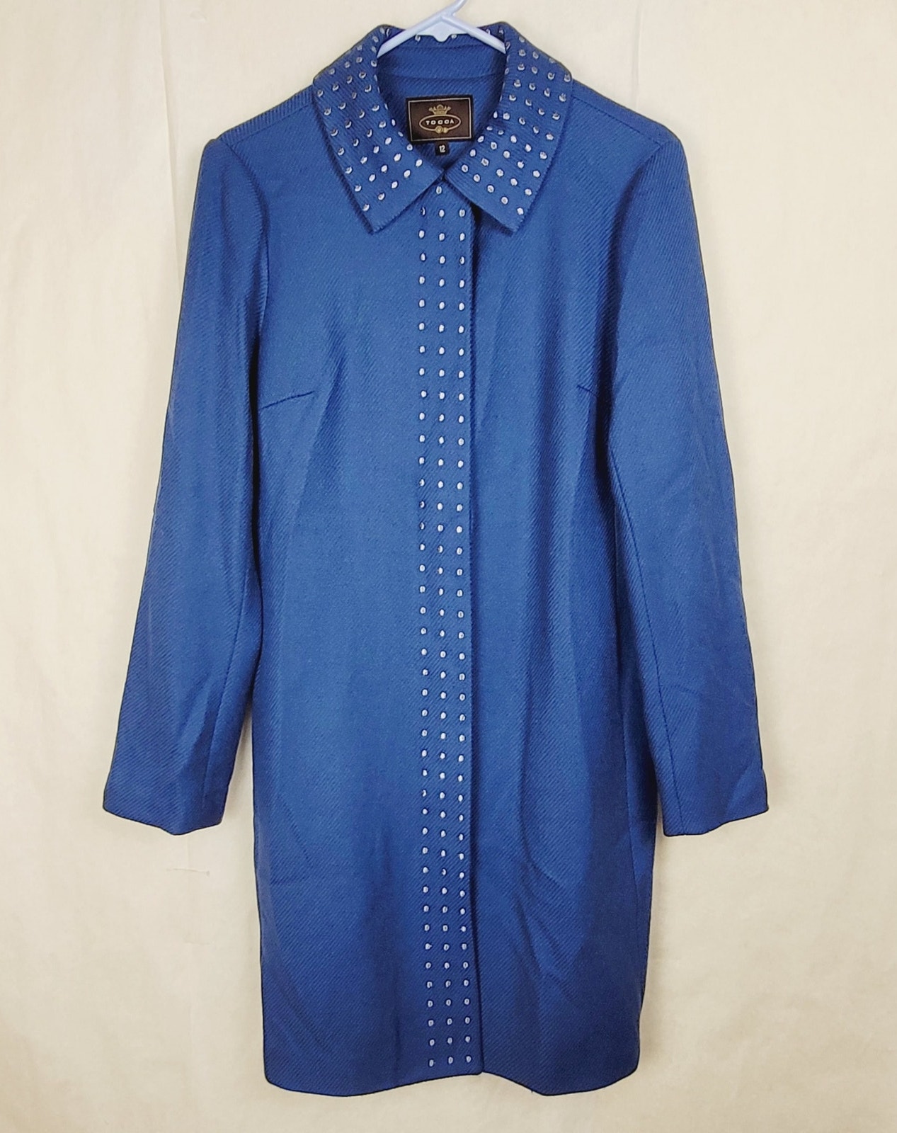 Tocca Blue Virgin Wool Silver Metallic Long Line Peacoat Size 12 Preppy Luxe